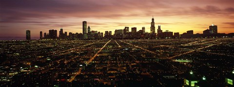 Framed CGI composite, High angle view of a city at night, Chicago, Cook County, Illinois, USA Print