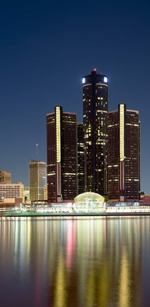 Framed Skyscrapers lit up at dusk, Renaissance Center, Detroit River, Detroit, Michigan, USA Print