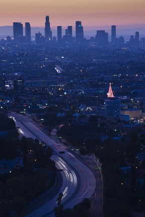 Framed High angle view of highway 101 at dawn, Hollywood Freeway, Hollywood, Los Angeles, California, USA Print