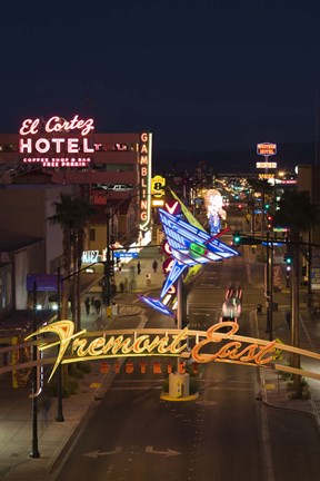 Framed Neon casino signs lit up at dusk, El Cortez, Fremont Street, The Strip, Las Vegas, Nevada, USA Print