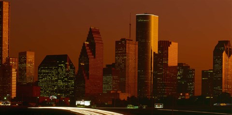 Framed Skyscrapers in a city at sunset, Houston, Texas, USA Print