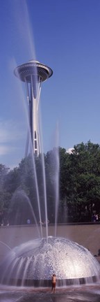 Framed Fountain with a tower in the background, Space Needle, Seattle, King County, Washington State, USA Print