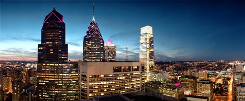 Framed Skyscrapers at dusk, Philadelphia, Pennsylvania, USA Print