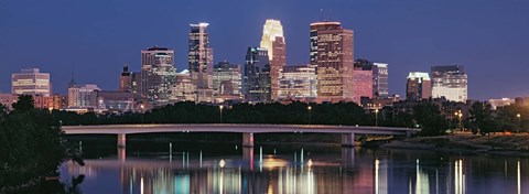 Framed Buildings lit up at night in a city, Minneapolis, Mississippi River, Hennepin County, Minnesota, USA Print