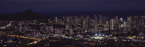 Framed High angle view of a city lit up at night, Honolulu, Oahu, Honolulu County, Hawaii, USA Print