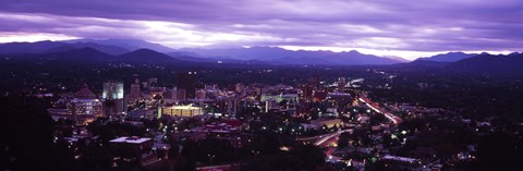 Framed Aerial view of a city lit up at dusk, Asheville, Buncombe County, North Carolina, USA 2011 Print