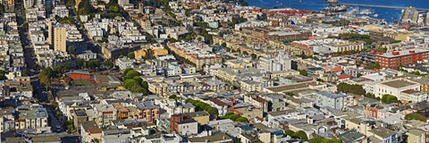 Framed Aerial view of buildings in a city, Columbus Avenue and Fisherman&#39;s Wharf, San Francisco, California, USA Print