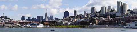 Framed Buildings at the waterfront, Transamerica Pyramid, Ghirardelli Building, Coit Tower, San Francisco, California, USA Print