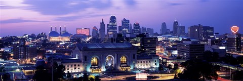 Framed Union Station at sunset with city skyline in background, Kansas City, Missouri Print