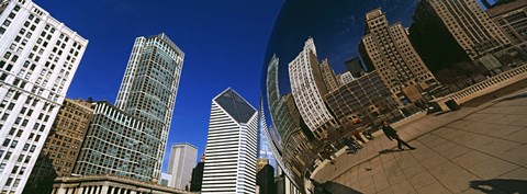 Framed Reflection of buildings on Cloud Gate sculpture, Millennium Park, Chicago, Cook County, Illinois, USA Print