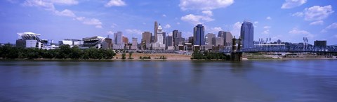Framed Paul Brown Stadium with John A. Roebling Suspension Bridge along the Ohio River, Cincinnati, Hamilton County, Ohio, USA Print