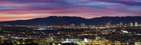 Framed High angle view of a city at dusk, Culver City, Santa Monica Mountains, West Los Angeles, Westwood, California, USA Print