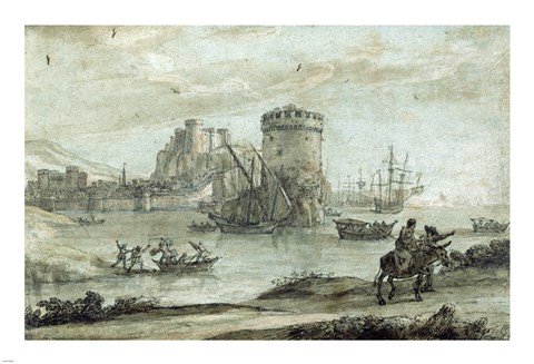 Framed Figures in a Landscape before a Harbor Print