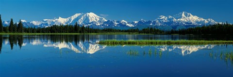 Framed Reflection Of Mountains In Lake, Mt Foraker And Mt Mckinley, Denali National Park, Alaska, USA Print