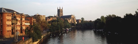 Framed Church Along A River, Worcester Cathedral, Worcester, England, United Kingdom Print