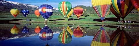 Framed Reflection Of Hot Air Balloons On Water, Colorado, USA Print