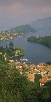 Framed High angle view of houses at the waterfront, Sala Comacina, Lake Como, Italy Print
