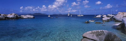 Framed Rocks at the coast with boats in the background, The Baths, Virgin Gorda, British Virgin Islands Print