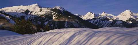 Framed Mountains covered with snow, Snowmass Mountain on left, Capitol Peak on right, Elk Mountains, Snowmass Village, Colorado, USA Print