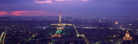 Framed Aerial view of a city at twilight, Eiffel Tower, Paris, Ile-de-France, France Print