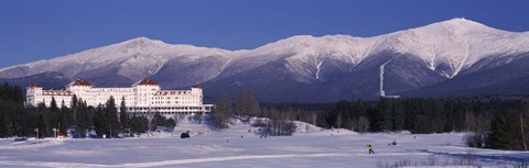 Framed Hotel near snow covered mountains, Mt. Washington Hotel Resort, Mount Washington, Bretton Woods, New Hampshire, USA Print