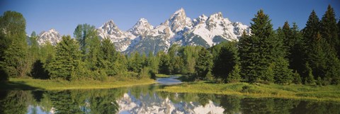 Framed Reflection of a snowcapped mountain in water, Near Schwabachers Landing, Grand Teton National Park, Wyoming, USA Print