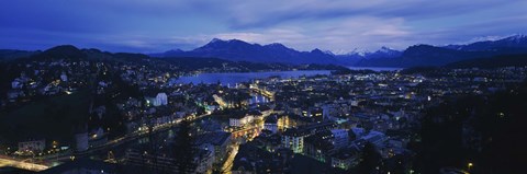 Framed Aerial view of a city at dusk, Lucerne, Switzerland Print