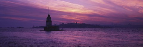 Framed Lighthouse in the sea with mosque in the background, St. Sophia, Leander&#39;s Tower, Blue Mosque, Istanbul, Turkey Print