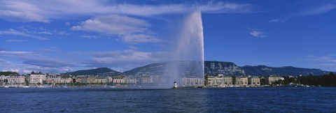 Framed Fountain in front of buildings, Jet D&#39;eau, Geneva, Switzerland Print