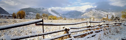 Framed Wooden fence covered with snow at the countryside, Colorado, USA Print