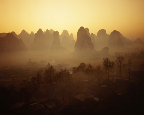 Framed Sunrise in Mountains Guilin China Print