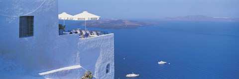 Framed Building On Water, Boats, Fira, Santorini Island, Greece Print