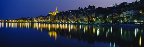 Framed Reflection of buildings in water, Menton, Alpes-Maritimes, Provence-Alpes-Cote d&#39;Azur, France Print