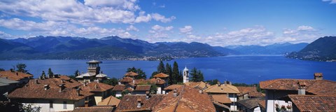 Framed High angle view of buildings near a lake, Lake Maggiore, Vedasco, Italy Print
