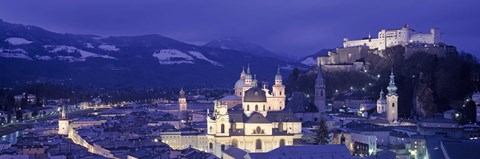 Framed Austria, Salzburg, Aerial view of a city at night Print