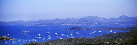Framed Aerial view of boats in the sea, Costa Smeralda, Sardinia, Italy Print