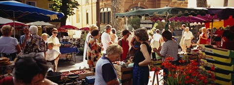 Framed Group of people in a street market, Ceret, France Print