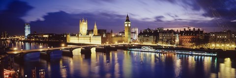 Framed Buildings lit up at dusk, Big Ben, Houses Of Parliament, London, England Print