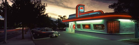 Framed Restaurant lit up at dusk, Route 66, Albuquerque, Bernalillo County, New Mexico, USA Print