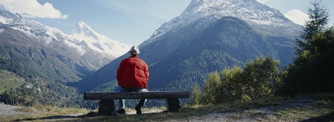 Framed Hiker Contemplating Mountains Switzerland Print