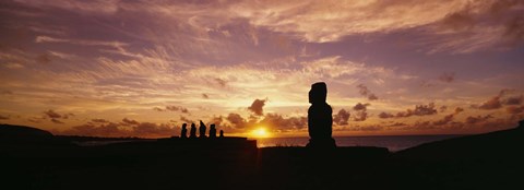 Framed Silhouette of Moai statues at dusk, Tahai Archaeological Site, Rano Raraku, Easter Island, Chile Print