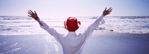 Framed Woman With Outstretched Arms On Beach, California, USA Print