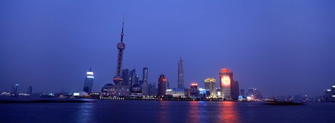 Framed Buildings at the waterfront lit up at dusk, Pudong, Shanghai, China Print