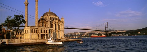 Framed Mosque at the waterfront near a bridge, Ortakoy Mosque, Bosphorus Bridge, Istanbul, Turkey Print