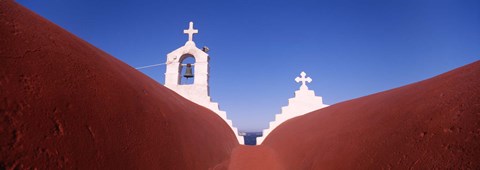 Framed Low angle view of a bell tower of a church, Mykonos, Cyclades Islands, Greece Print