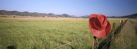 Framed USA, California, Red cowboy hat hanging on the fence Print