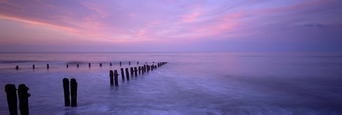 Framed Wooden Posts In Water, Sandsend, Yorkshire, England, United Kingdom Print
