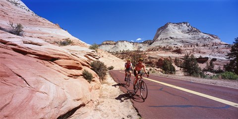 Framed Two people cycling on the road, Zion National Park, Utah, USA Print