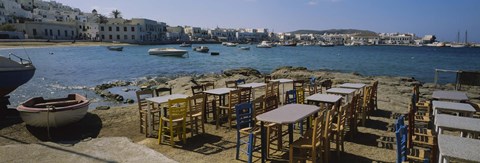 Framed Tables and chairs in a cafe, Greece Print