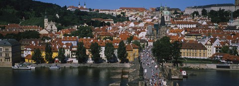Framed High angle view of tourists on a bridge, Charles Bridge, Vltava River, Prague, Czech Republic Print